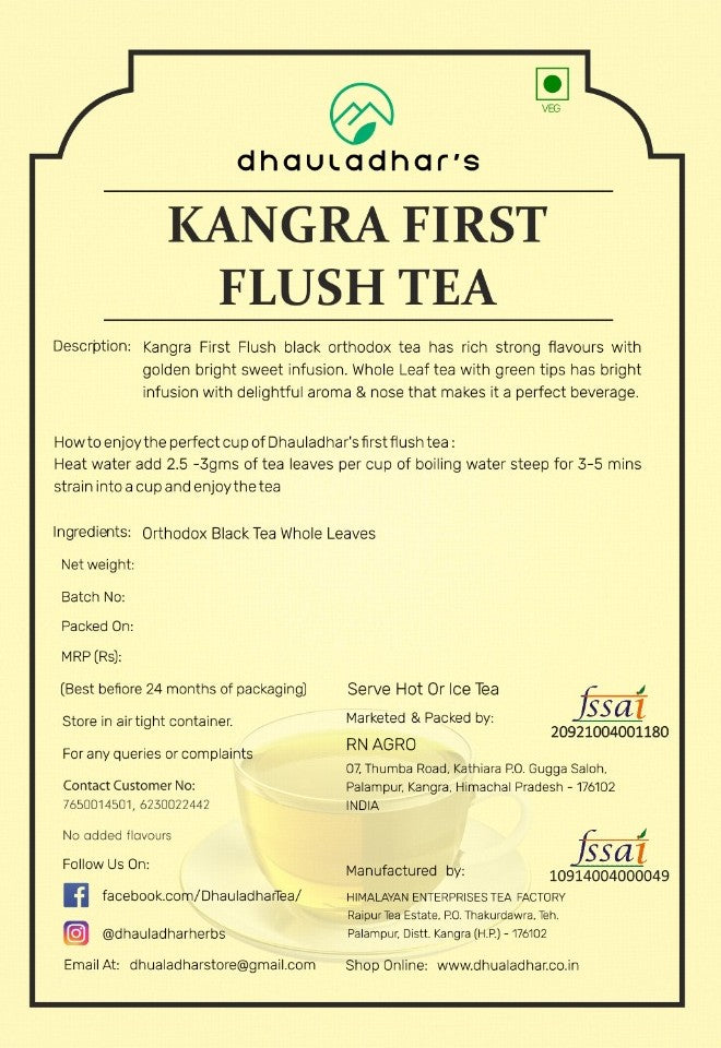 Dhauladhar’s Kangra First Flush Tea – Handcrafted Orthodox Black Tea Whole Leaf | Himalayan Spring | Garden Fresh | 100g